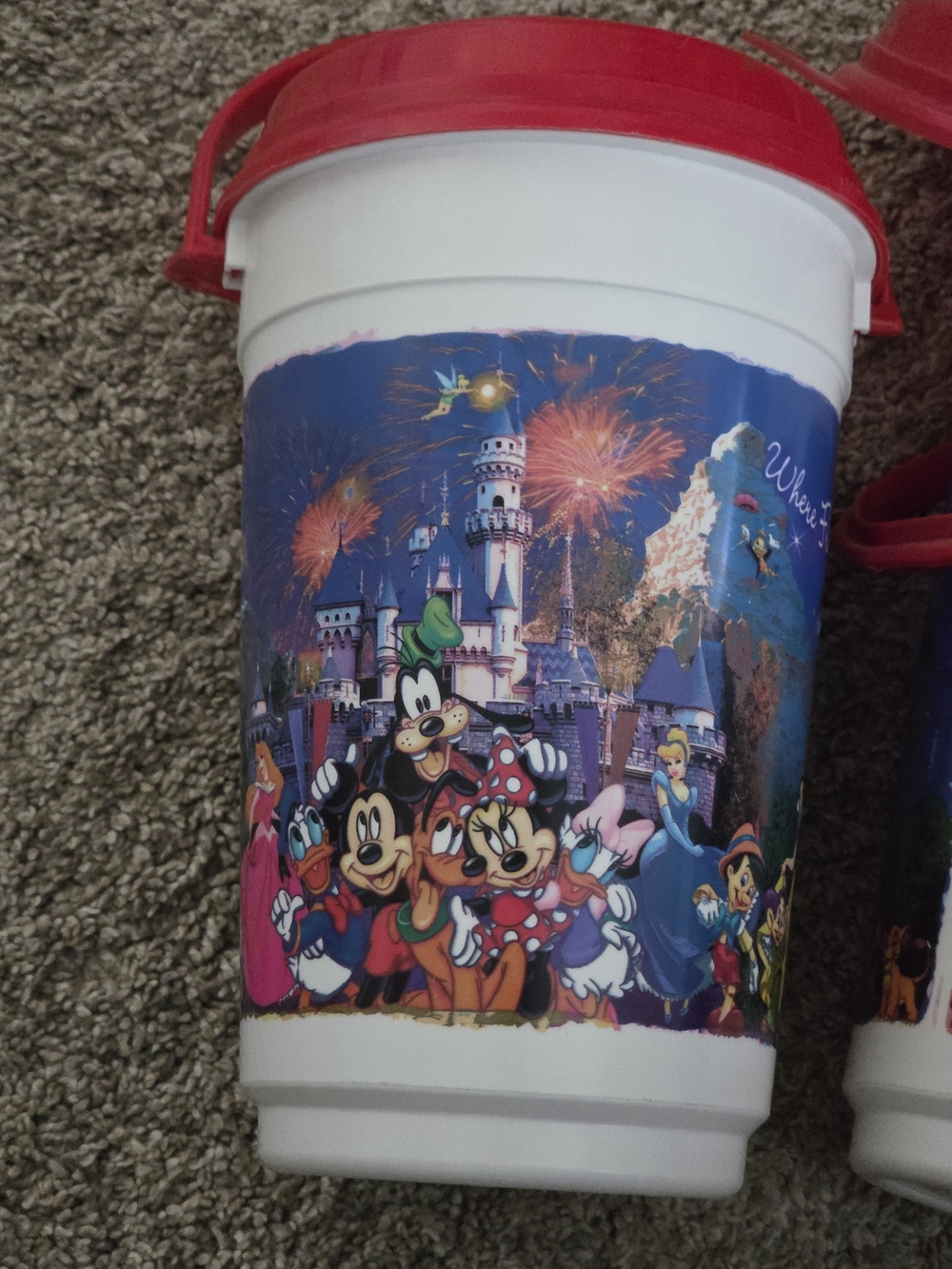 Lot Of TWO Disney Characters Popcorn Buckets With Red Lids And Handles